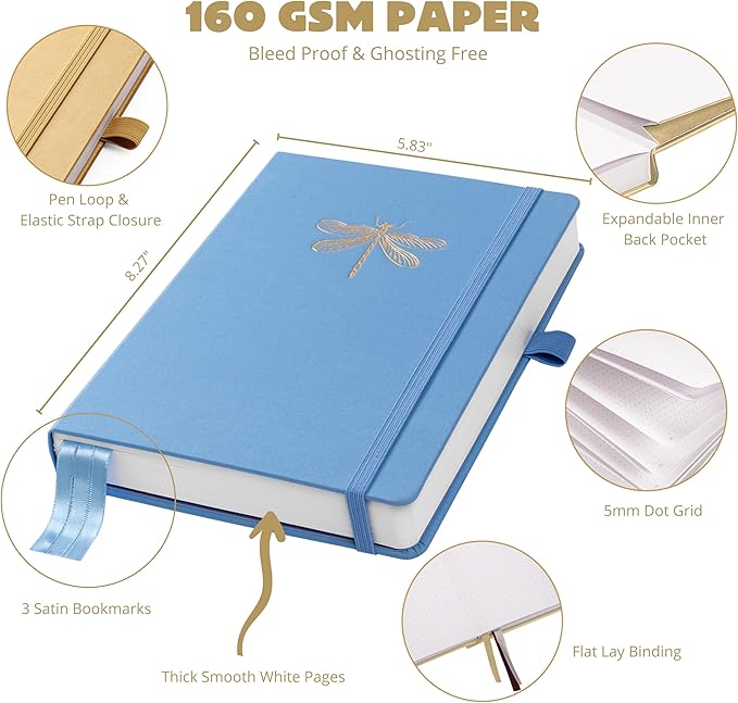 Dotted Journal – 160gsm Bleed Proof Thick White Paper – 200 Numbered Dot Grid Pages – 5.8 x 8.3 inch Bullet Dotted Notebook