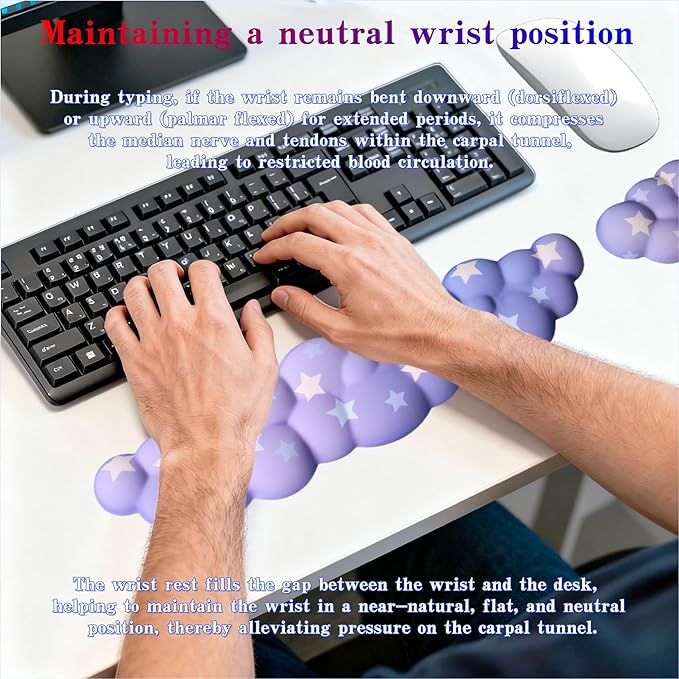 Cloud Wrist Rest Set for Keyboard and Mouse, Includes Cute Coaster, with Computers and Laptops (Gradient Purple Colorful Star Set)