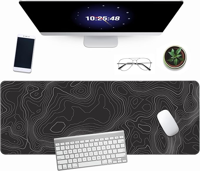 Minimalist Topographic Map Mouse Pad - Contour Extended Large Stitch Edge Mousepad Black & White Non-Slip Gaming Desk Mat 31.5x11.8inch