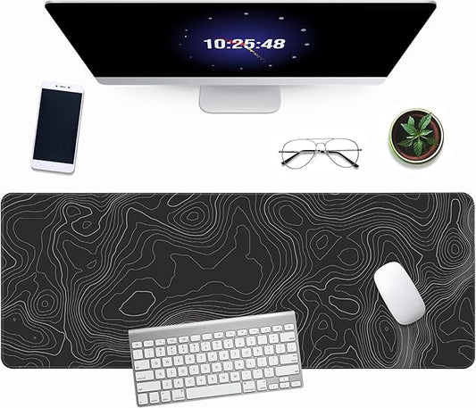 Minimalist Topographic Map Mouse Pad - Contour Extended Large Stitch Edge Mousepad Black & White Non-Slip Gaming Desk Mat 31.5x11.8inch