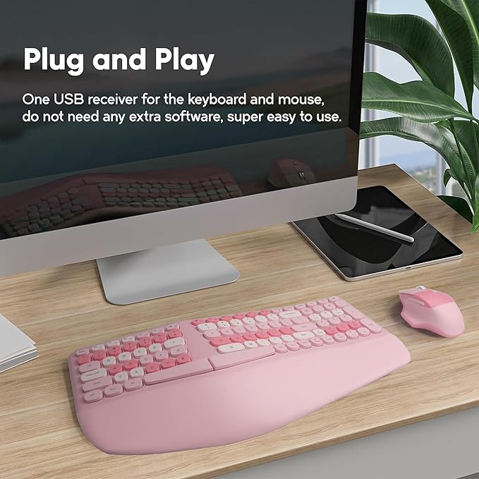 Wireless Ergonomic Keyboard and Mouse Combo with PU Wrist Rest, Carpal Tunnel Keyboard, 2.4G Colorful Split Ergo Keyboard, Comfortable Natural Typing, Compatible with PC/Laptop (Pink)