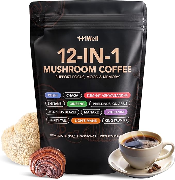 Mushroom Coffee 12-in-1 – Organic Lion's Mane, Reishi, Ginseng, KSM-66® Ashwagandha–Focus, Calm Energy & Daily Balance–100% Fruiting Body Extracts–Vegan, Nootropic, Low Caffeine–30 Servings