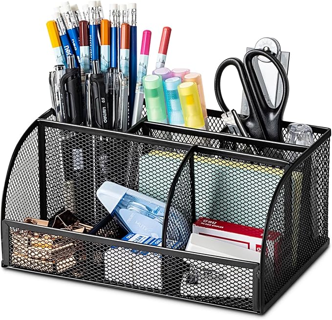 Deli 7-Compartment Black Mesh Desk Organizer with Pen Holder, Office Desktop Organizer, Metal Stationary Caddy