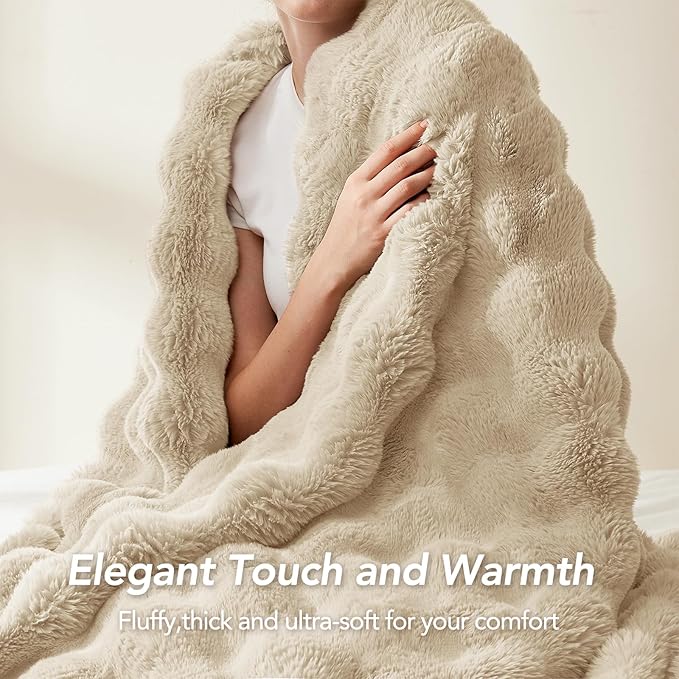 L'AGRATY Faux Rabbit Fur Blanket: 50" x 60" Luxury Soft Fluffy Thick Fur Throw Blanket for Couch Bed Sofa - Cozy Plush Bubble Blankets for Winter: Warm Flannel Fleece Decorative Blanket(Almond White)