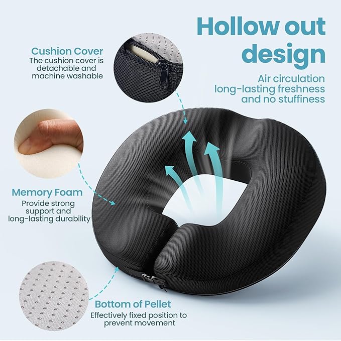 Benazcap Donut Pillow Seat Cushion for Tailbone Pain Relief, Strong Support Memory Foam Hemorrhoid Pillow by Ergonomic for Coccyx, Sciatica, Pregnancy, Postpartum