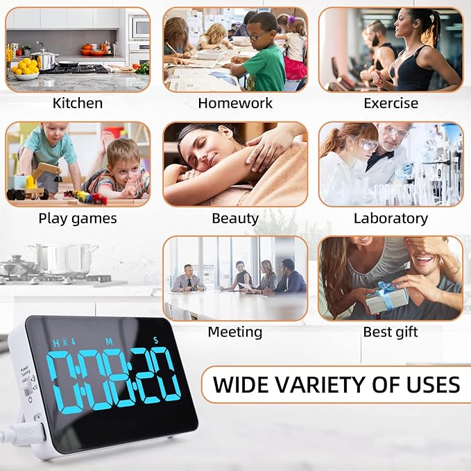 Rechargeable Digital Kitchen Timer for Cooking, Magnetic Timers with Countdown/up, Kids Timer with 5”LED Display 3 Brightness 4 Volume Adjustable for Classroom/Office/Home/Work/Fitness/Game（Blue）