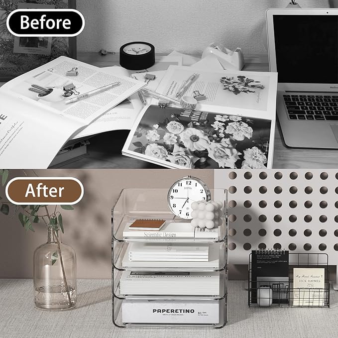 4-Tier Acrylic Paper Tray Organizer | Clear Stackable Desk Organizer for Documents, Letters, A4 Paper | Modern Office/Classroom/Home Organization