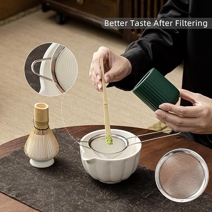 Matcha Whisk Set, Matcha Set Includes Ceramic Matcha Bowl, Bamboo Whisk, Scoop, Chasen Holder, Sifter, 5 Pcs Perfect Matcha Kit for Macha Lover (Pearl White)