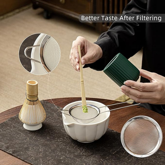 Matcha Whisk Set, Matcha Set Includes Ceramic Matcha Bowl, Bamboo Whisk, Scoop, Chasen Holder, Sifter, 5 Pcs Perfect Matcha Kit for Macha Lover (Pearl White)