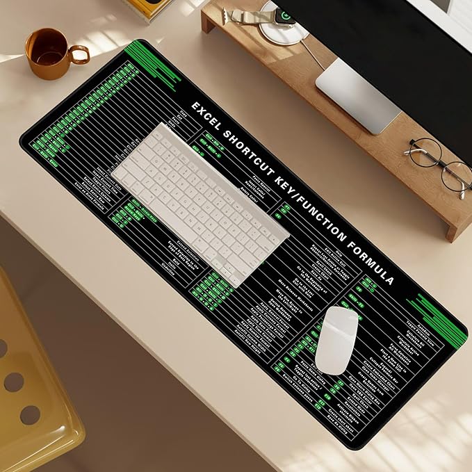 Excel Cheat Sheet Desk Pad, 31.5"x11.8", Waterproof Extra Large Excel Shortcut Mat with Stitched Edges, Anti-Slip Excel Mouse Pad for Office Desk, MS Excel/Word Shortcuts (Green Excel J)