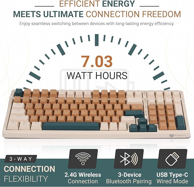 Qisan Wireless/Wired Mechanical Keyboard, Triple Mode 2.4G/USB-C/BT Wireless Gaming Keyboard, 100 Keys (98%) US Layout Blue Switch Rechargeable RGB Backlit Keyboards | Brown Combo