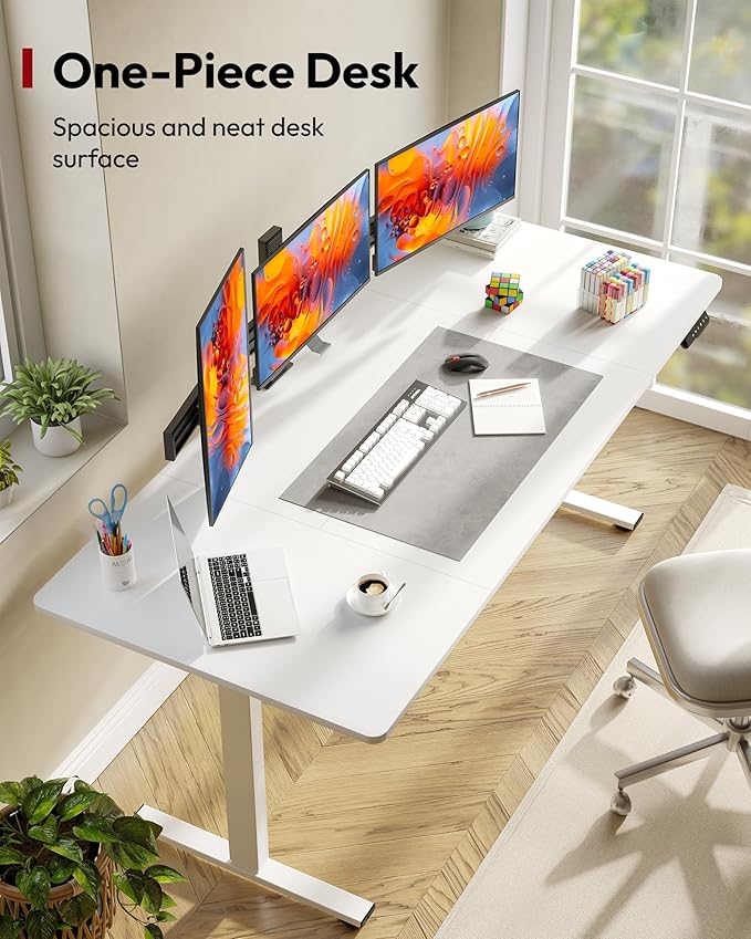 SANODESK Electric Standing Desk 71 x 32 Inches Height Adjustable Stand Up w/6-Button Controller Ergonomic Computer Desk with Splice Board for Home Office, White Frame + White Tabletop