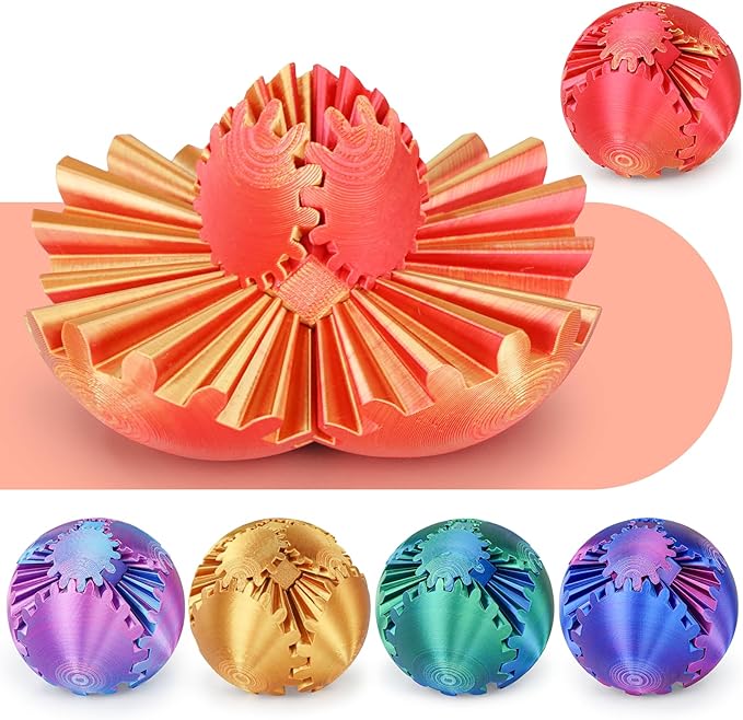 Gear Ball 3D Printed Spin Ball or Cube Fidget Toy,Gear Sphere Fidget Toy,Fidget Ball Gear Toy for Stress and Anxiety Relief, Stress Ball GearSphere Desk Toy for Adults & Kids(Golden Red, 3.1 Inch)