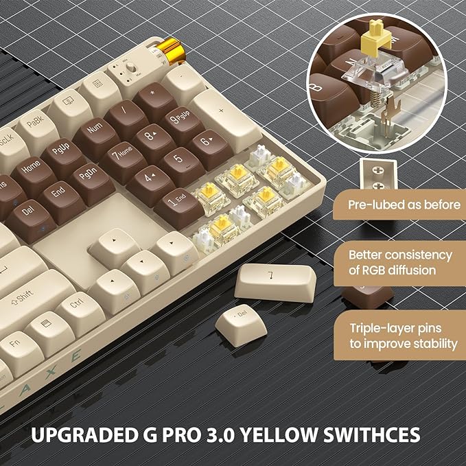 R108 Wireless Mechanical Keyboard, G Pro 3.0 Yellow Switch, Hot Swappable Wired/Bluetooth/2.4G Wireless Keyboard with RGB Light for Windows & Mac, PBT Keycaps, Lava Brown