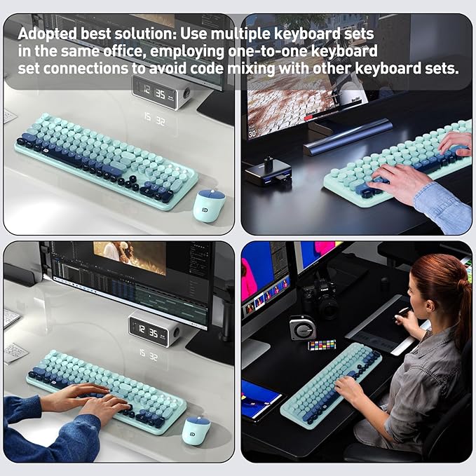 FOPETT 2.4GHz Wireless Keyboard and Mouse Set with Switch Button - Full-Size Keyboard - Compatible for Windows/Laptop/PC/Notebook/Smart TV and More - Blue