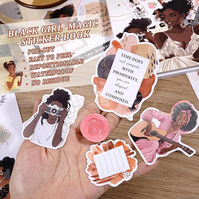 Black Girl Decal Stickers Book For Planners, Calendars, Journals, Vision Boards, Projects, Laptop & Water Bottles – Premium Quality, Hand Drawn, Waterproof – Scrapbook Accessories For Women - 24 Pages
