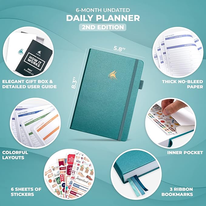 Clever Fox Daily Planner 2nd Edition – Undated Time Block Task Organizer with Hourly Schedule & to-do List – A5, 6 Months (Aquamarine)