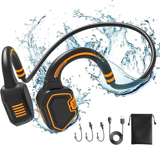 Bone Conduction Headphones Swimming Headphone - IP68 Waterproof Open Ear Headphones with MP3 Play 32G Memory Inductive Wireless Bluetooth Sports Headset for Running Swimming (Orange)
