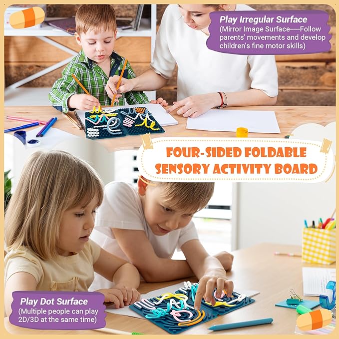 Sensory Activity Board, Four-Sided Silicone Sensory Fidget Toy, Promotes Parent-Child, Suitable for Autism, Calming, ADHD, Great for Children 3+ & Adults, Includes Portable Travel Bag and 25 Strings