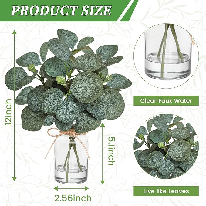 12" Fake Eucalyptus Stems in Vase with Faux Water,Artificial Plants Leaves for Shelf Desk Bathroom Farmhouse Room Coffee Table Home Decor (Eucalyptus-Fruit)