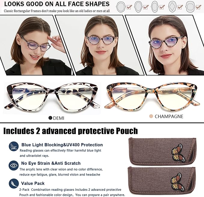 EYEURL Cat Eye Reading Glasses for Women -2 Pack of Blue Light Blocking Readers Spring Hinge Computer Eyeglass with Tortoise/Champagne Pattern Design Readers for women +2.75