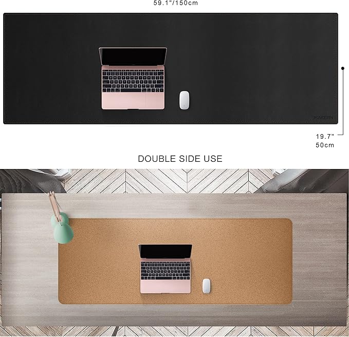 MAIDERN 59”x 19.6” Leather Desk Pad, Large Desk Mat, Reversible Cork & Leather Large Mouse pad for Desk, Waterproof Computer Desk Pad for Gaming Home Office (Black) …