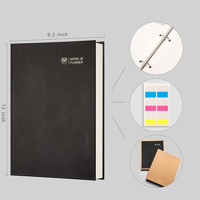 EMSHOI Undated Daily Planner 9.2" X 12", Large To Do List Notepad, 240 Refill Pages Ring Binder Planner, Hardcover Leather Appointment Book for Work, with Yearly Schedule, Habit Tracker, Black
