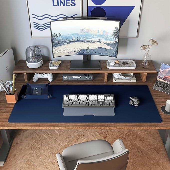 DAWNTREES Dual Sided Desk Mat,Leather Desk Pad,35.5"x17",Cork Desk Mat Protector,with PU Leather Valet Tray Organizer,Large Mouse Pad,Desk Writing Pad for Office and Home(Dark Blue)
