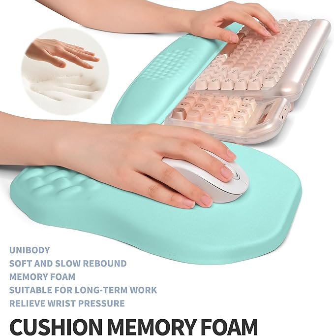 2-in-1 Ergonomic Set, Wave Keyboard Wrist Rest and Massage Slope Mouse Pad Wrist Support, Rebound Memory Foam for Relieve Carpal Tunnel Syndrome and Wrist Pain (Light Blue)