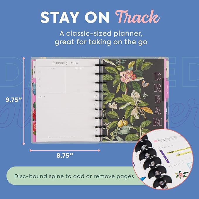 Happy Planner Disc-Bound Planner Jan.–Dec. 2026, Includes 3 Extra Months and 2 Sticker Sheets, Classic Size, 7" x 9.25", Dashboard Layout, Botanical Year