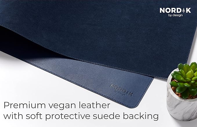 Nordik Leather Desk Mat Cable Organizer (Midnight Blue 35 x 17 inch) Premium Extended Mouse Mat for Home Office Accessories - Felt Vegan Large Leather Desk Pad Protector & Desk Blotter Pads Decor