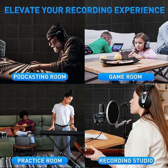 120 Pack Acoustic Foam Panels 1" x 12" x 12" Sound Proof Foam Panels Soundproofing Noise Cancelling Wedge Panels for Home Office Recoding Studio with 600 PCS Double-Side Adhesive