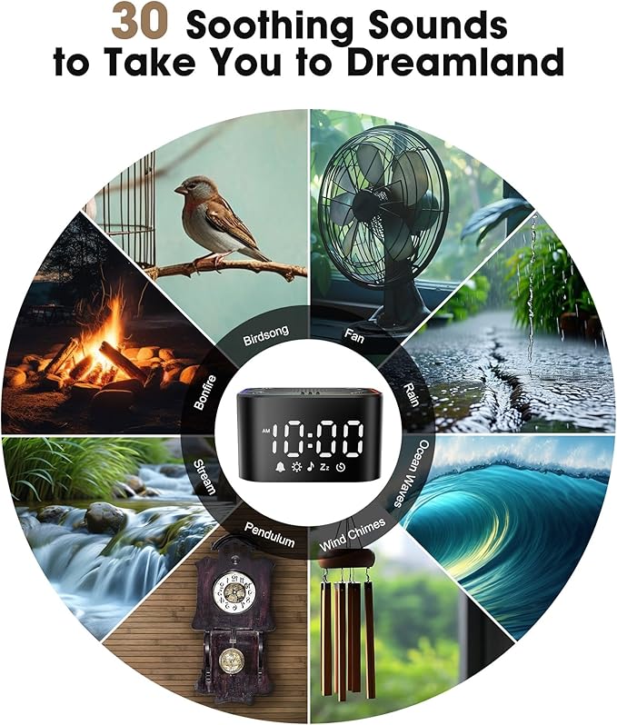 Alampan White Noise Sound Machine with Alarm Clock, 30 Soothing Sounds, Noise Machine for Sleeping, RGB Night Light, Digital Clock, Adults, for Bedside, Nightstand, Including Fan, Rain, Bird, Ocean