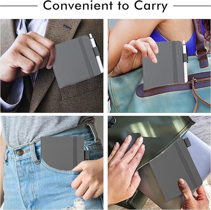 feela 15 Pack Pocket Small Notebooks Bulk, Mini Cute Notepads Hardcover College Ruled Lined Journals with Pen Holder for School Business Memos, with 15 Black Pens, 3.5”x 5.5”, A6, Gray