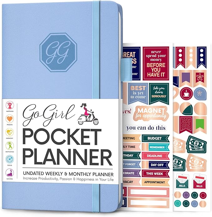 GoGirl Planner and Organizer for Women – Pocket Weekly Planner, Goals Journal & Agenda for Time Management & Productivity. Undated (Light Blue)
