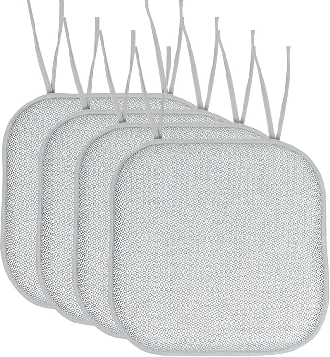 Sweet Home Collection Chair Cushion Memory Foam Pads with Ties Honeycomb Pattern Slip Non Skid Rubber Back Rounded Square 16" x 16" Seat Cover, 4 Pack, Cameron White Sage Blue