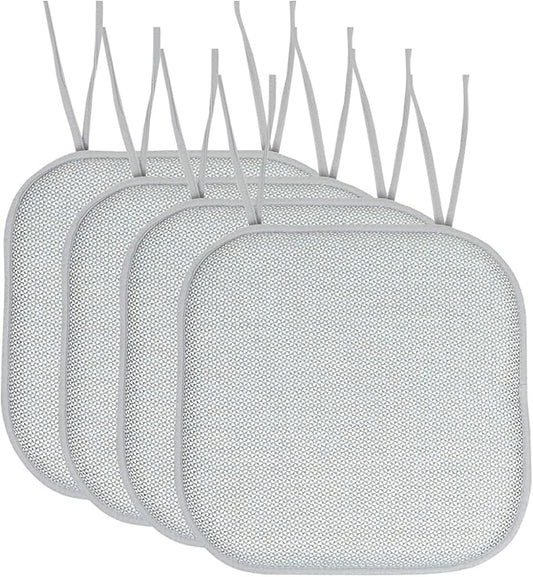 Sweet Home Collection Chair Cushion Memory Foam Pads with Ties Honeycomb Pattern Slip Non Skid Rubber Back Rounded Square 16" x 16" Seat Cover, 4 Pack, Cameron White Sage Blue