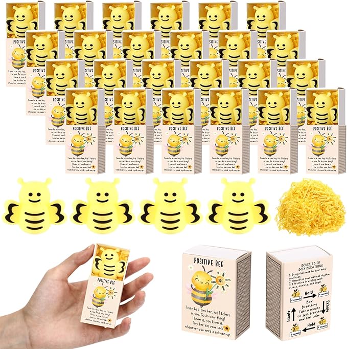 Wettarn 50 Sets Bee Gifts Positive Cute Stress Balls with Support Gift Boxes Inspirational Party Favors for Employee Coworker Friends Office Stress Relief Toys