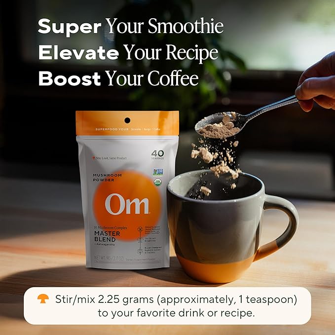 Om Master Blend Mushroom Powder – Organic Mushroom Supplement with 10 Mushrooms and Ashwagandha - Support Immunity, Gut Health & Stress Relief, 3.17 oz (40 Servings)