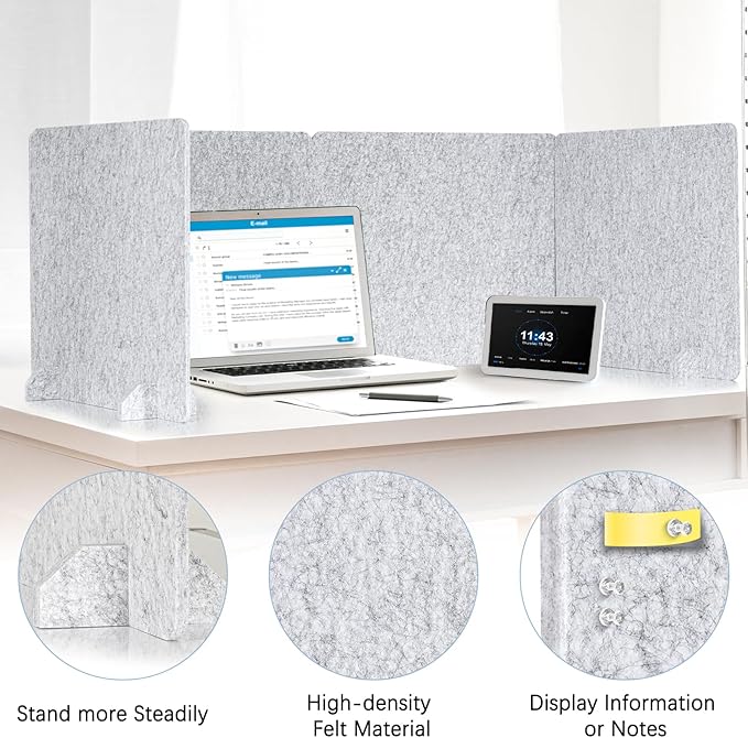 4 Pack Acoustic Desk Dividers - 24" x 20" Freestanding Privacy Panels Set with Noise - Reducing Design Cubicle Sound Proof, Ideal for Office, Classroom, and Home (Silver Gray)