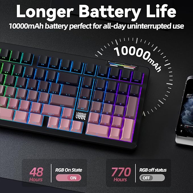 LINGBAO K98 Wireless Mechanical Gaming Keyboard, Tri-Mode BT5.0/2.4GHz/USB-C, Creamy Keyboard with Number Pad, Gasket Hot Swappable Linear Switches RGB Backlit Keyboards for Win/Mac/PC, (Black Pink)