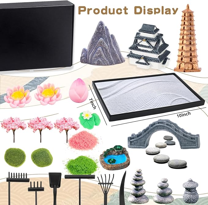 Bbiamsleep Zen Garden Kit for Desk, 9.8 x 7 Inch Mini Zen Sand Garden with 6 Tools, 27 Accessories for Home Office Desktop Japanese Decor