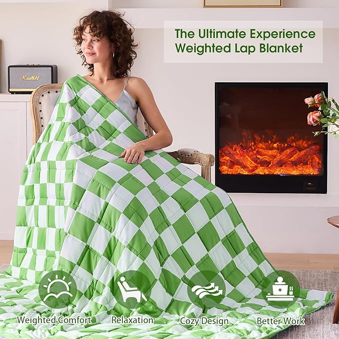 Green Checkered Weighted Blanket for Adults 15lbs, 48"x72" Twin Size, Cooling Heavy Blanket Microfiber for 120-160lbs with Premium Glass Beads, Soft Thick Big Blankets for All-Season Sleeping Comfort