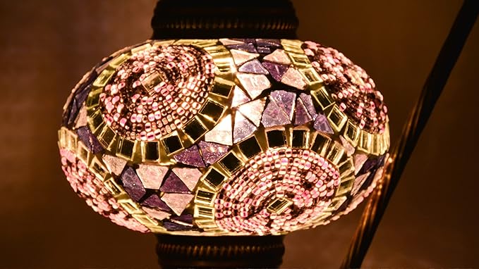 mozaist Tiffany Style Mosaic Table Lamp, Turkish Moroccan Authentic Desk Light for Rustic Living Room Decor, Handmade Vintage Antique Mosaic Decorative Light with E12 Socket & US Plug (Purple)