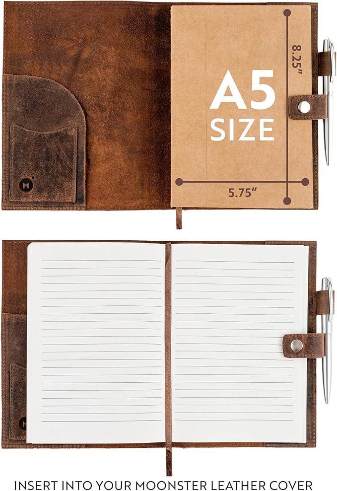 Moonster Lined Paper Refill Notebooks for Refillable Leather Journal – Eco Friendly Acid-Free & Tree-Free Recycled Cotton Sheets A5 Ruled Notepad 8.25 x 5.75 Inches w/ 160 Soft Pages & Bookmark