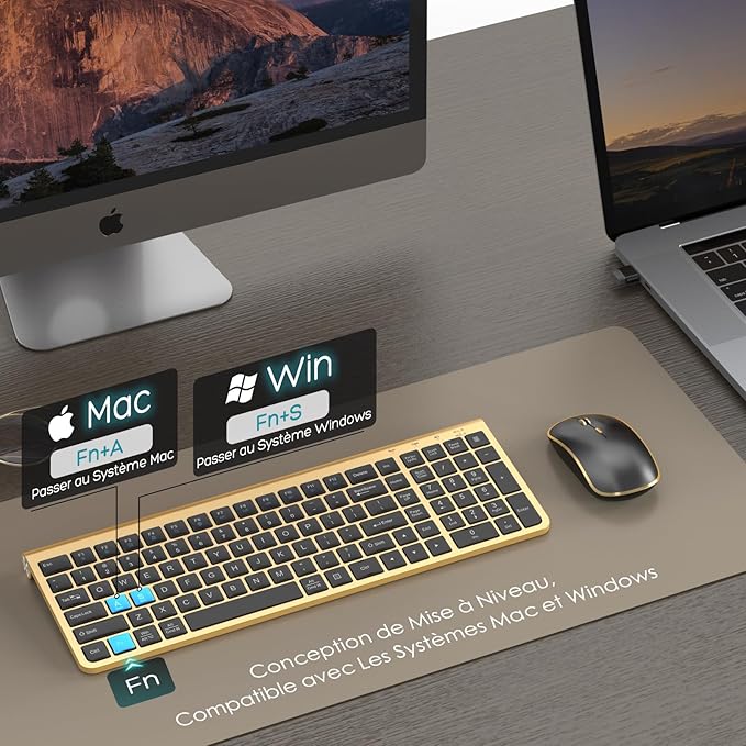 JOYACCESS Black Gold Wireless Keyboard Mouse Combo,Ergonomic Cordless Keyboard with Adjustable Tilt,Comfortable and Quiet Mouse for Laptop,Computer,PC