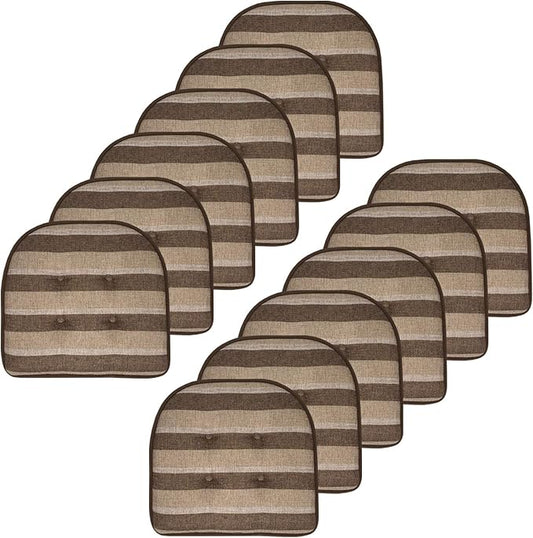 Sweet Home Collection Chair Cushion Memory Foam Pads Tufted Slip Non Skid Rubber Back U-Shaped 17" x 16" Seat Cover, 12 Count (Pack of 1), Bradford Chocolate/Beige