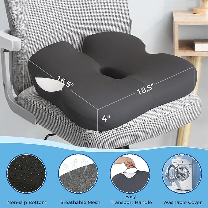 18.5" x 16.5" Extra Large Memory Foam Cushion, Tailbone Pain Relief Cushion for Long Sitting Hip Support, Breathable Donut Pillow Desk Chair Cushion for Office, Home, Driving (Blue)