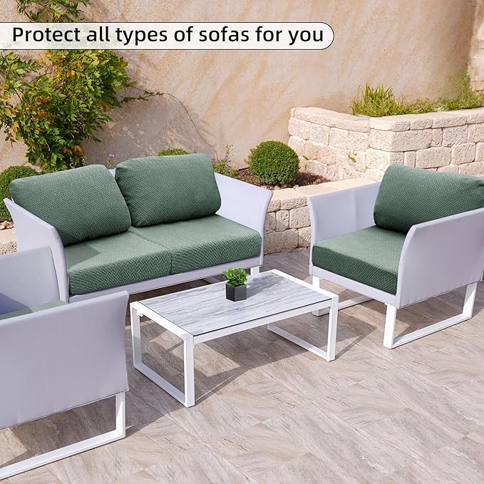 8Pcs Stretch Patio Cushion Cover Outdoor Cushion Cover Replacement Slipcovers Outdoor Cushion Covers Thick Jacquard Textured Twill Fabric Porch Patio Furniture Protector(Green，Cover，Only)