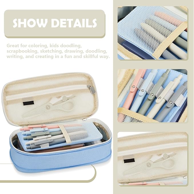 Henoyso 18 Set Aesthetic School Supplies Include Big Capacity Study Pen Bag with Zipper 12 Pcs Chisel Tip Bible Highlighters 5 Pcs Quick Dry Retractable Black Ink Pens for Student Office(Light Blue)